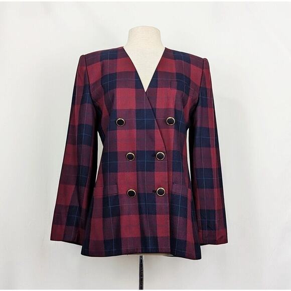 Vintage 90s Jacket Red Blue Plaid Double Breast Oversize Blazer Misses Size 8 - Picture 1 of 9